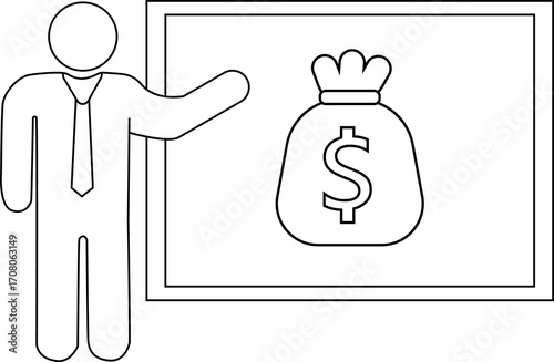 presentation person icon and dollar sack icon with white background
