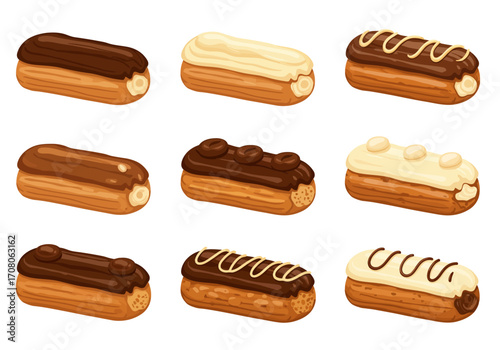 Assortment of Delicious Eclairs with Chocolate and Vanilla Frosting Pastry Treats.