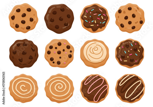 Assortment of Delicious Cartoon Cookies with Chocolate Chips Frosting and Sprinkles.