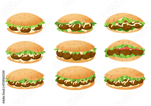 Cartoon Falafel Sandwiches with Lettuce and Sauce Illustration.