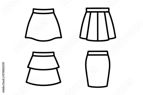 Minimalist linear skirt icons set, vector cartoon illustration with transparent background, including layered, pleated, A-line and pencil skirt styles, fashion design elements