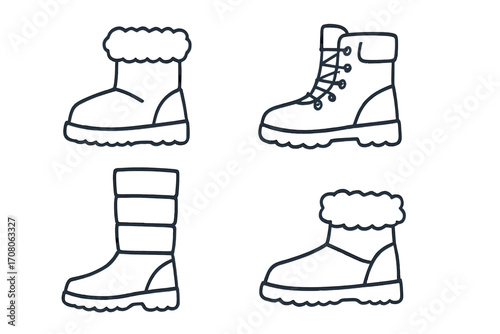 Set of outline winter boots icons, fashion footwear collection, vector cartoon illustration with transparent background, warm cozy snow boots, casual and lace-up styles, winter shoe designs