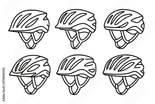 Set of six linear bicycle helmets different styles in black outline design vector cartoon illustration with transparent background ordered set cycling safety gear illustration