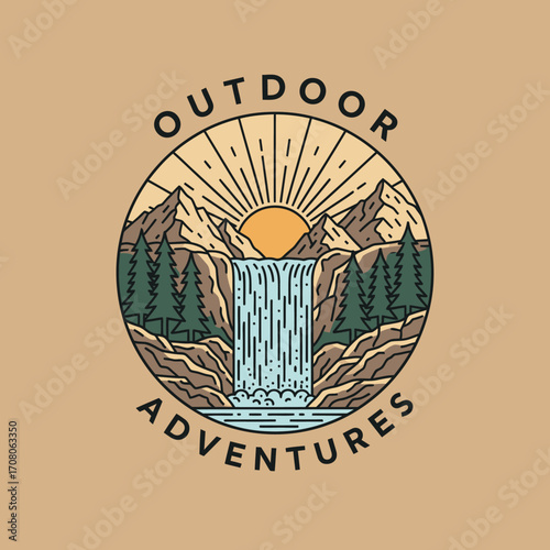 A vintage-style line art logo for 'Outdoor Adventures' featuring a scenic mountain waterfall and a rising sun.