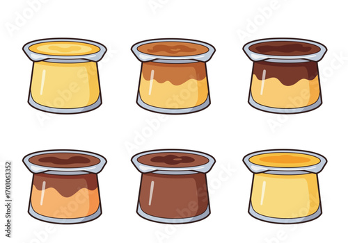 Cartoon Illustration of Six Potted Desserts with Different Flavors and Toppings.