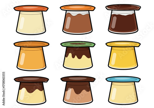 Cartoon Pudding Desserts with Various Flavors and Toppings.