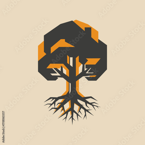 Stylized geometric illustration of a tree with exposed roots, rendered in dark gray and orange hues against a muted tan background.