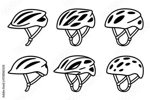 Set of six linear bicycle helmets different styles black outline design, vector cartoon illustration, transparent background, cycling safety gear, sport protection collection
