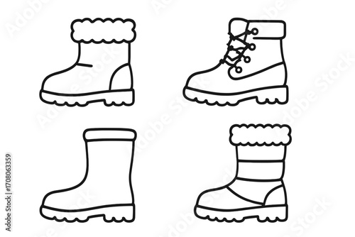 Set of outline winter boots icons for fashion design and footwear collections, vector cartoon illustration with transparent background, cozy warm boots, lace-up and fur trim styles