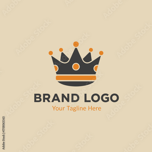 A modern, stylized crown logo design featuring dark gray and orange elements on a light beige background, with placeholder text for brand and tagline.