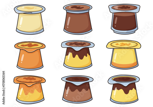 Cartoon Pudding Cups Assortment with Various Flavors and Toppings.