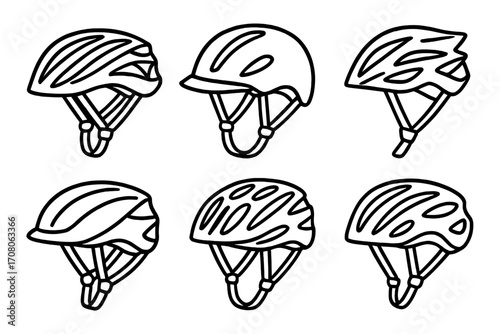 Set of six linear bicycle helmets in various styles, black outline vector design, cartoon illustration, transparent background, cycling safety gear collection, helmet icons set