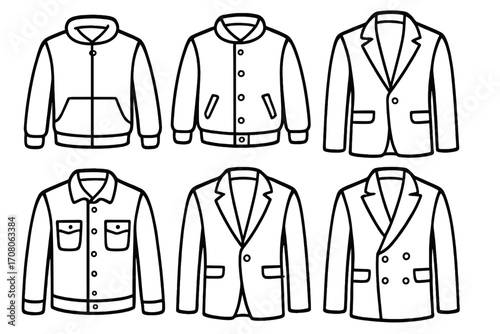 Set of six linear jacket outlines, casual and formal styles, versatile design for every occasion, vector cartoon illustration, transparent background, ordered set fashion collection