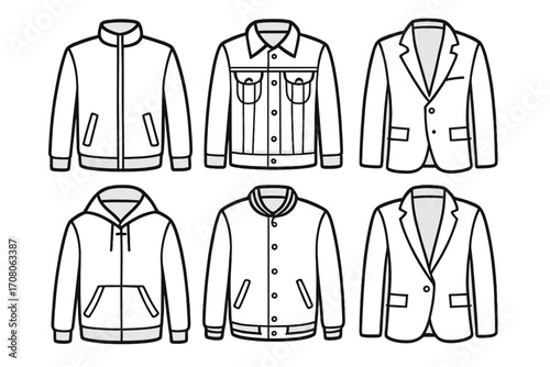 Set of six linear jacket outlines, casual and formal styles, versatile fashion collection for men and women, vector cartoon illustration with transparent background, classic and modern designs