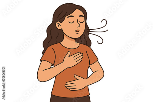 Woman practicing deep breathing technique for mindfulness and relaxation, calm meditation exercise, stress relief, peaceful wellness, mental health, vector cartoon illustration