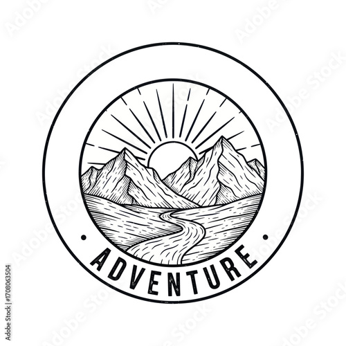 A vintage black and white circular logo with mountains, a river, and a rising sun, featuring the word 'Adventure'.
