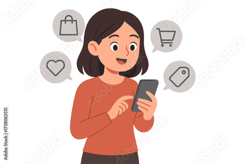 Happy woman shopping online using smartphone with icons of shopping bag, heart, cart, and price tag, digital e-commerce concept, vector cartoon illustration