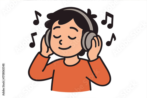 Young person enjoying music with headphones, closed eyes, happy expression, musical notes around, simple cartoon vector illustration, transparent background, leisure and relaxation concept