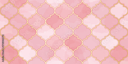 Moroccan Seamless Pattern. Arabic Pink Watercolor Ornament. Eid Mubarak Muslim Background. Turkish Mosque Window Grid.