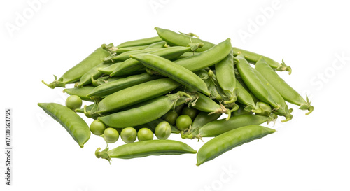 Isolated Sugar snap peas, fresh and bright green, in pile with some loose seeds, studio shot