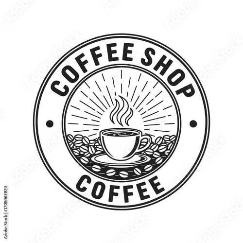 Vintage logo design for a coffee shop, featuring a steaming cup of coffee surrounded by coffee beans.