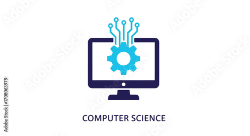 Vector illustration of computer science concept with monitor and gear, showcasing technology, programming, and digital innovation in vector format