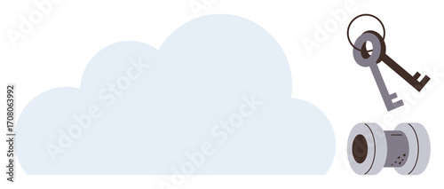 Cloud shape alongside classic keys and digital padlock. Ideal for data security, cloud computing, access control, privacy protection, technology safety, cybersecurity, simple flat metaphor
