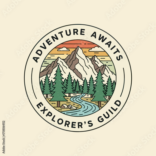 Circular emblem featuring a mountain range, evergreen trees, and a winding river under a striped sunset, with the text "Adventure Awaits Explorer's Guild".