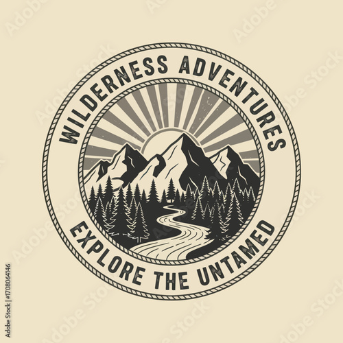 A vintage circular emblem for outdoor exploration, depicting a mountain range with a sunburst, a pine forest, and a winding river.