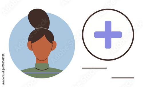 Woman avatar in circle next to a plus sign icon symbolizing new connection, addition or contact. Ideal for profiles, social networks, collaboration, communication, accounts, teamwork. Simple flat