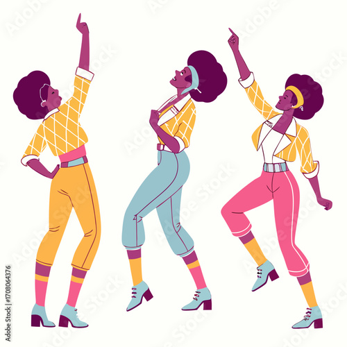 People dancing in bright outfits, high-waisted pants, shoulder pads, colorful leggings, and voluminous hairstyles are common. These elements capture the energy of the era's nightclubs and parties.