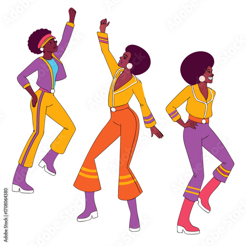 People dancing in bright outfits, high-waisted pants, shoulder pads, colorful leggings, and voluminous hairstyles are common. These elements capture the energy of the era's nightclubs and parties.