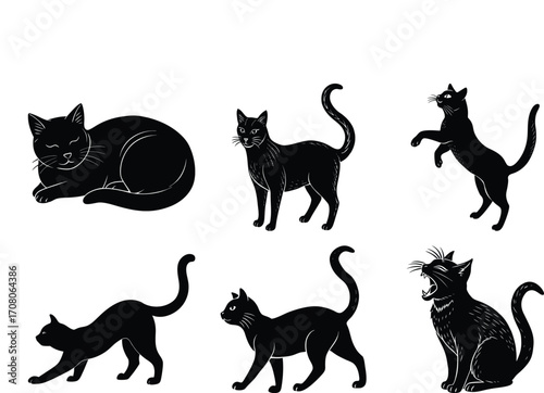  vector silhouette Black cat silhouettes with paw prints collection isolated on white background Purring Cats Vector Silhouette