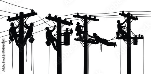 Silhouette vector of multiple electrical linemen working on utility power poles, repairing high voltage cables using safety harness and equipment.