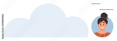 Smiling woman avatar with bun hairstyle beside a light blue cloud element. Ideal for user profiles, networking, communication, cloud storage, technology, digital identity, social media. Simple flat