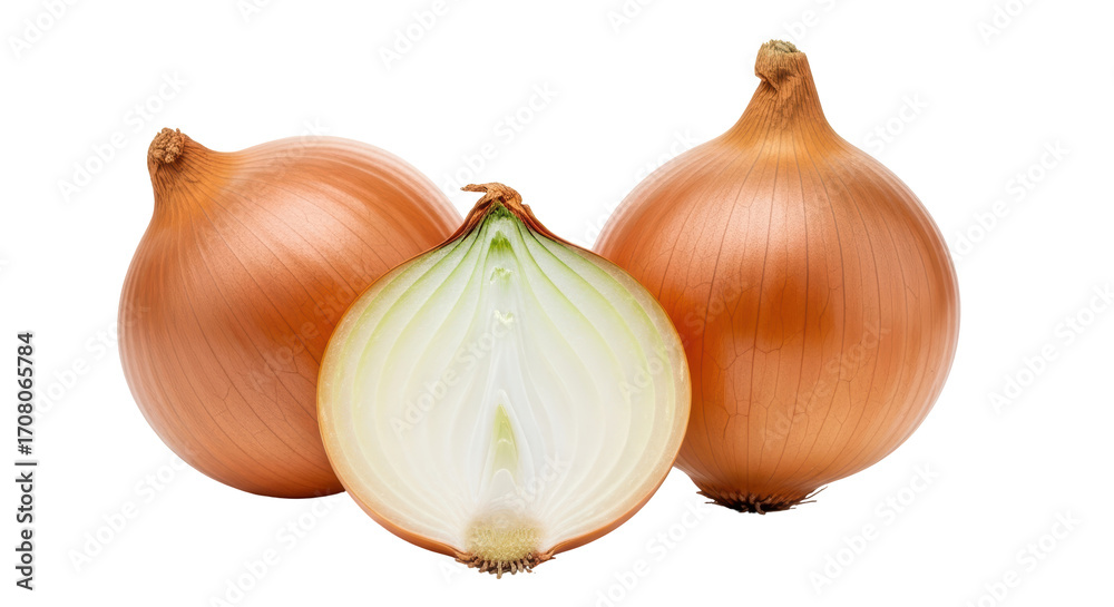 Fototapeta premium Isolated golden onions ready to slice for recipes, sauces, soups, and cooking needs.