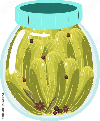 Pickled cucumbers with spices in a glass jar. Isolated vector illustration.