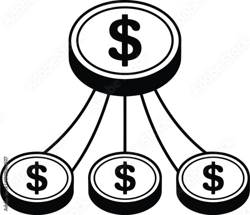 Money Flow Concept Depicting Money Distribution with Three Dollar Coins Connected to One Big Dollar Coin Black and White