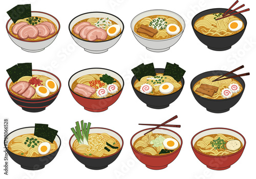 Assorted Bowls of Ramen Noodle Soup with Various Toppings Illustration.