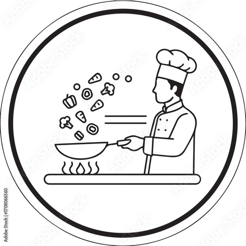 Chef Cooking Vegetables in Pan Line Art Icon – Restaurant and Food Logo Design