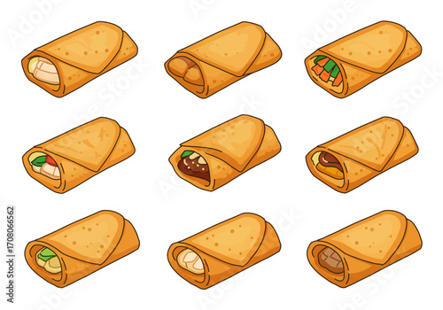 Assorted Cartoon Spring Rolls with Various Fillings on White Background.