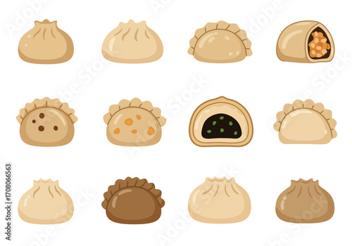 Assorted Cartoon Dumplings Steamed Fried and Filled Asian Cuisine Variety.
