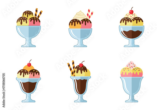 Assorted Ice Cream Sundaes in Glass Bowls with Toppings and Various Flavors.
