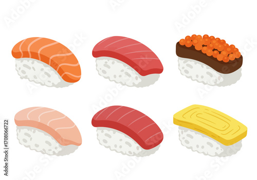 Assorted Nigiri Sushi Salmon Tuna Roe and Egg.