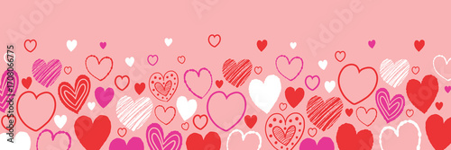 Background with hand drawn flying hearts. Banner design in cartoon style. Doodles. Concept for Valentine’s Day, Mother’s Day and Women’s Day. Vector illustration