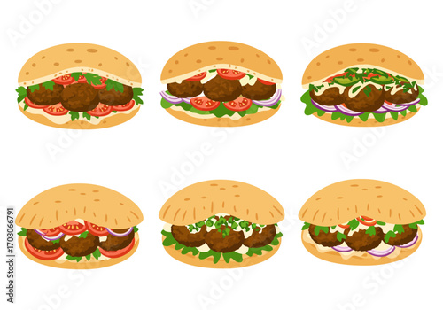 Cartoon Falafel Sandwiches with Vegetables and Sauce Illustration.