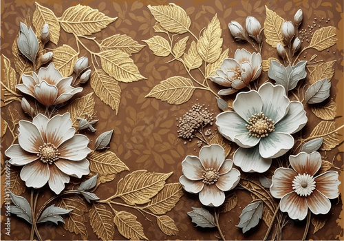 Elegant Magnolia Floral Wallpaper with Golden Leaves