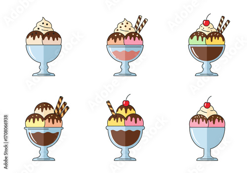 Colorful Ice Cream Sundaes in Various Glass Bowls with Toppings.