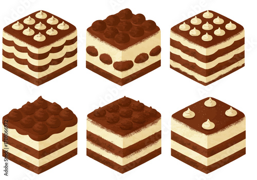 Isometric Tiramisu Cake Collection with Cream and Cocoa Toppings.