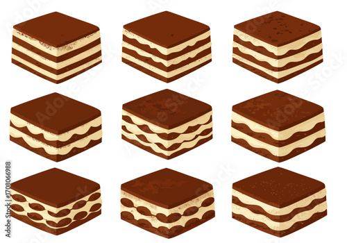 Isometric Tiramisu Dessert Collection with Creamy Layers and Cocoa Topping.